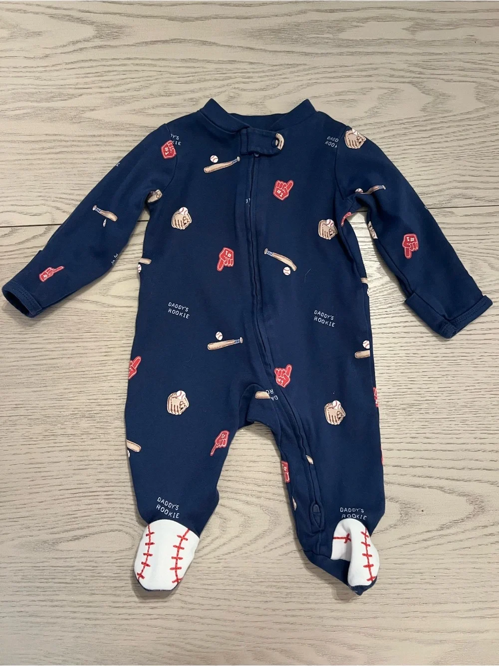 child of mine Navy Baseball-Print Footed One-Piece